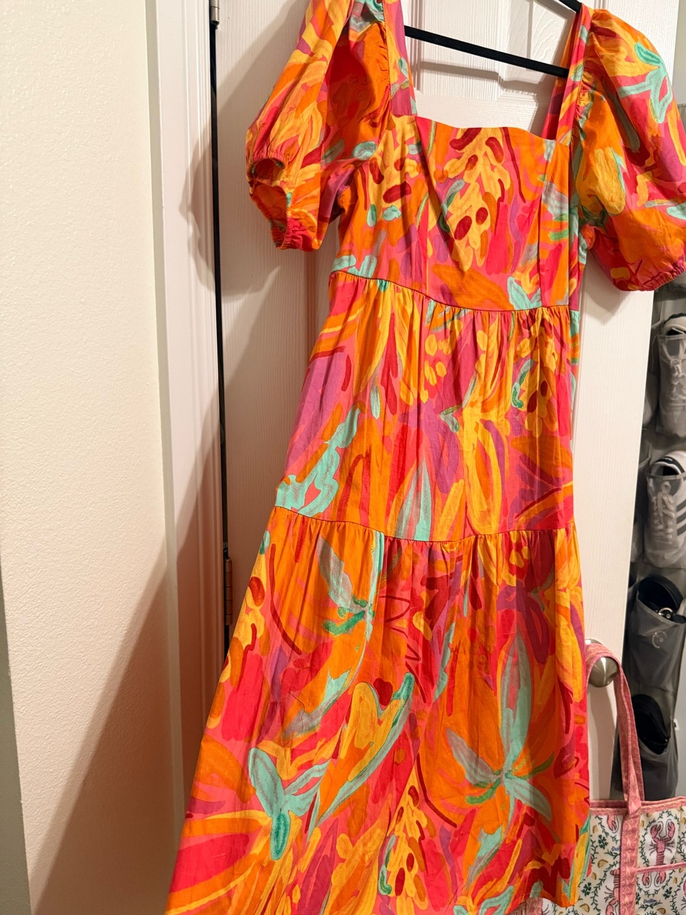 Vibrant Tropical Puff-Sleeve Maxi Dress - Orange & Pink